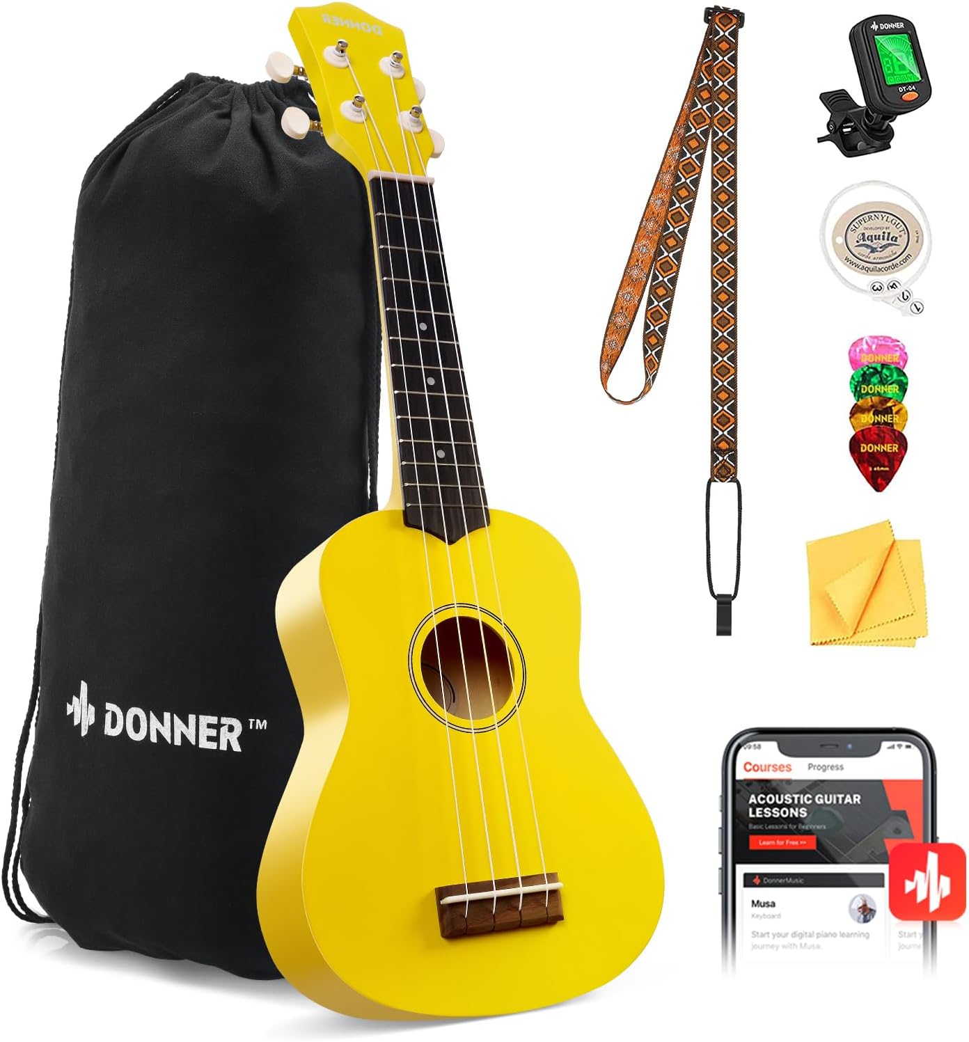 Donner Soprano Ukulele Beginner Kit 21 Inch with Accessories