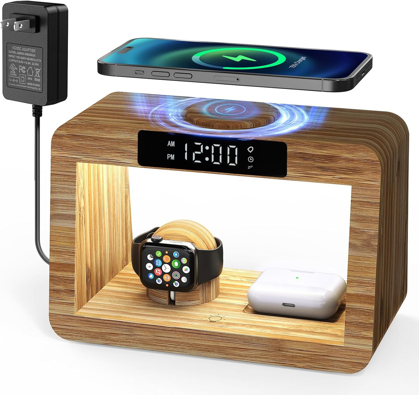 Bamboo Wireless Charging Station with Alarm Clock & Night Light