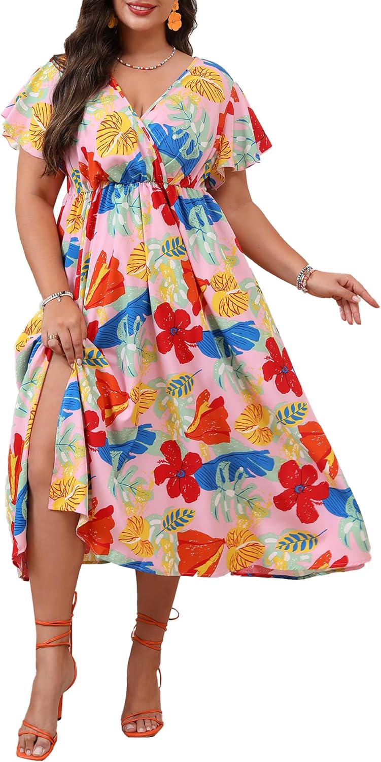 Floerns Women's Plus Size Boho Floral V Neck Short Sleeve Dress