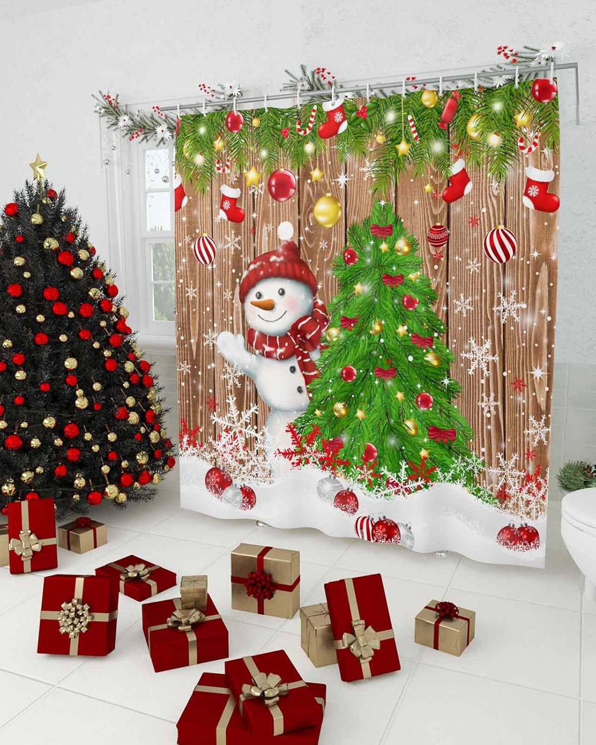 Waterproof Vintage Snowman Christmas Shower Curtain Set - Festive Holiday Charm! Huotupsine