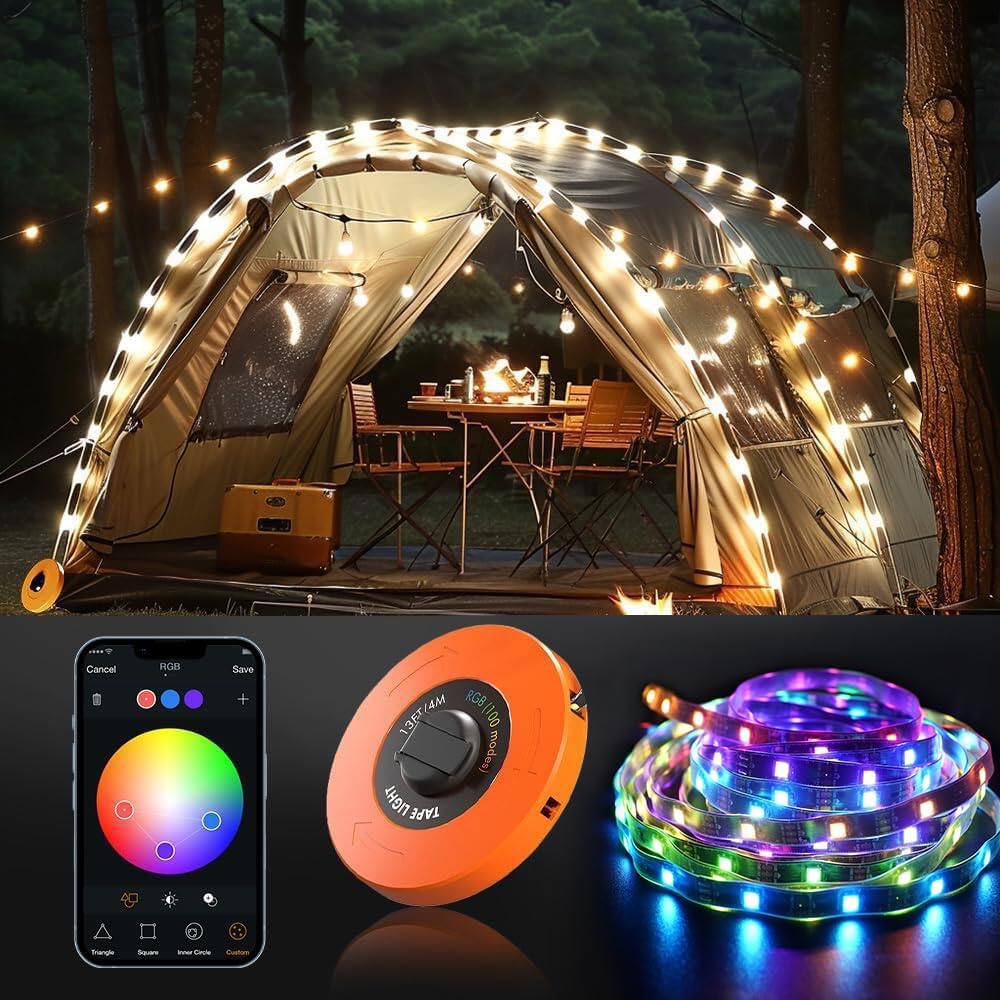 Music Sync RGB Camping Lights: 100 Modes, APP Control, Waterproof - 13 Ft
