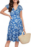 Women's V-Neck Cap Sleeve Floral Swing Dress - Comfortable
