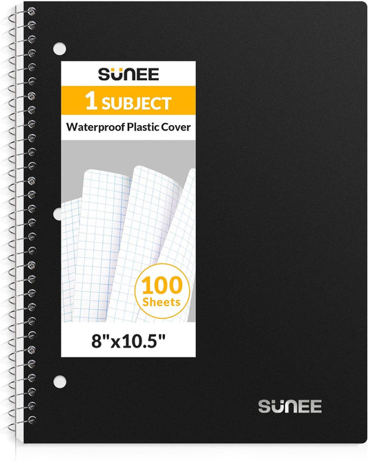 SUNEE Graph-Ruled Spiral Notebook: Water-Resistant Cover, 100 Sheets, 3-Hole Punched