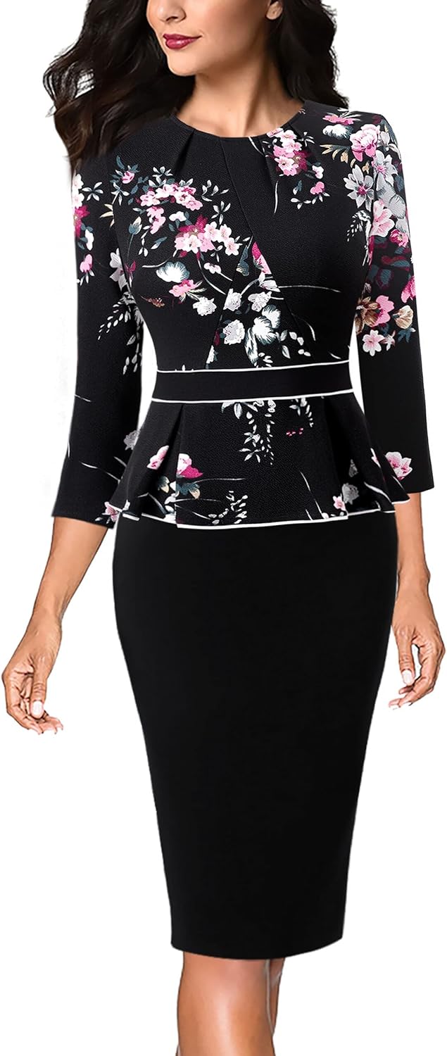 VFSHOW Womens Pleated Peplum Work Dress for Office Style