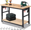 Workbench for Garage with Wheels 60 x 22 in Heavy Duty Rubberwood