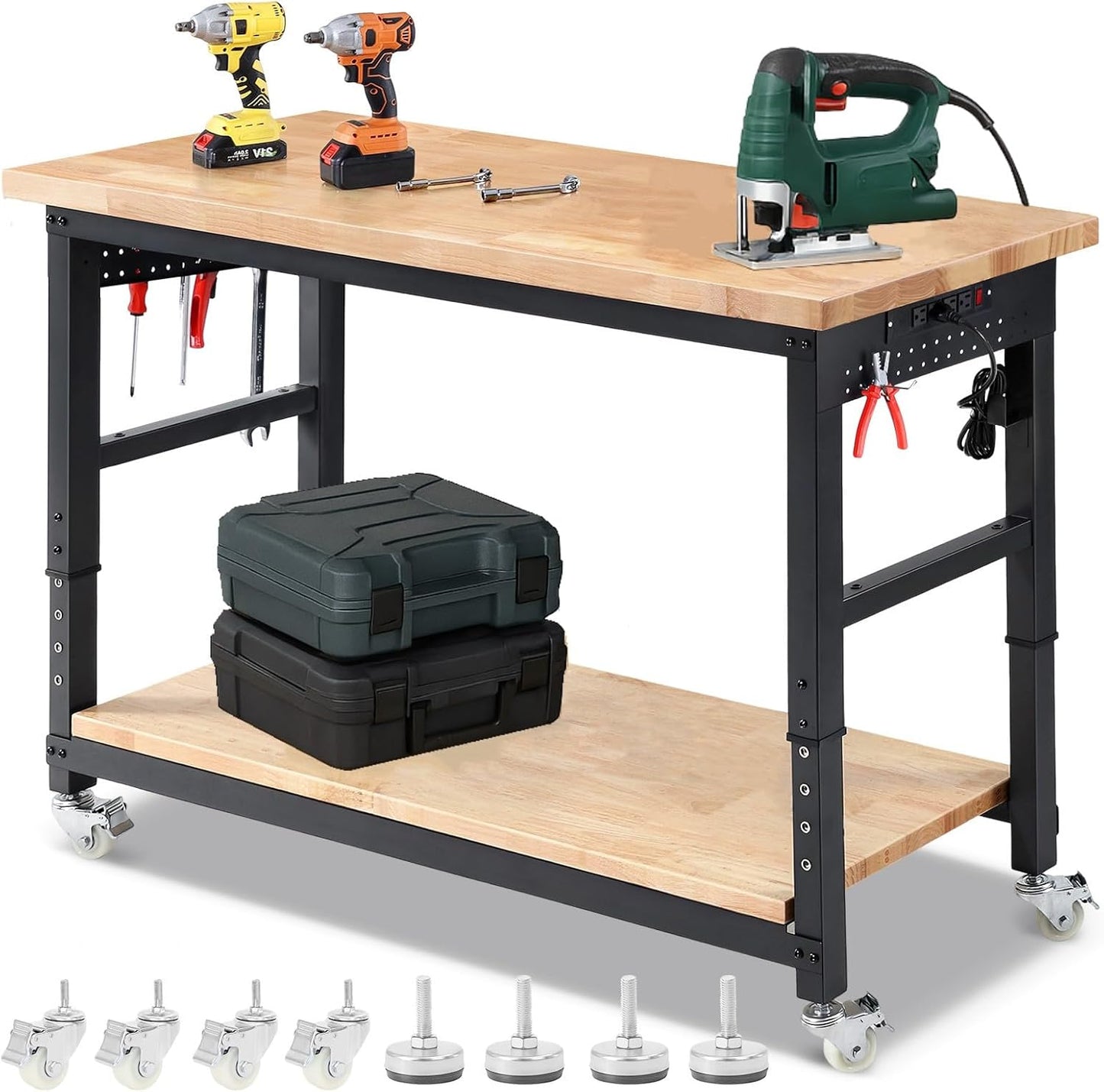 Workbench for Garage with Wheels - Heavy Duty Rubberwood Tabletop