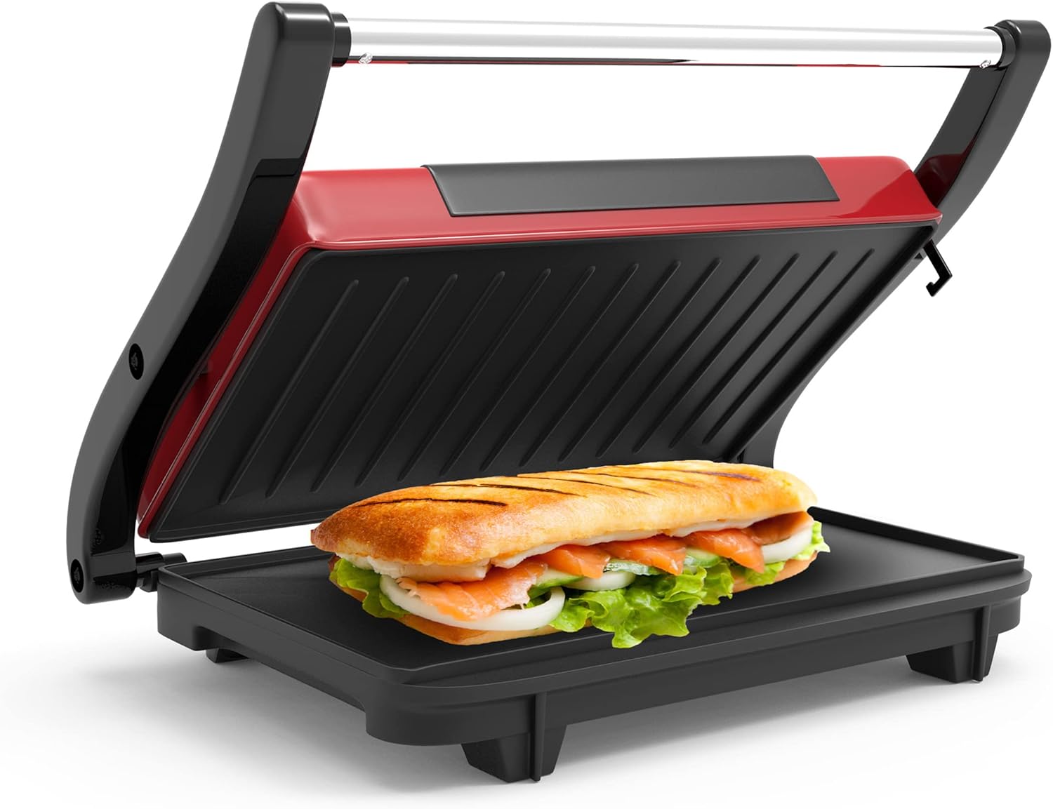 Chef Buddy Red Panini Press - Nonstick Plates for Indoor Cooking