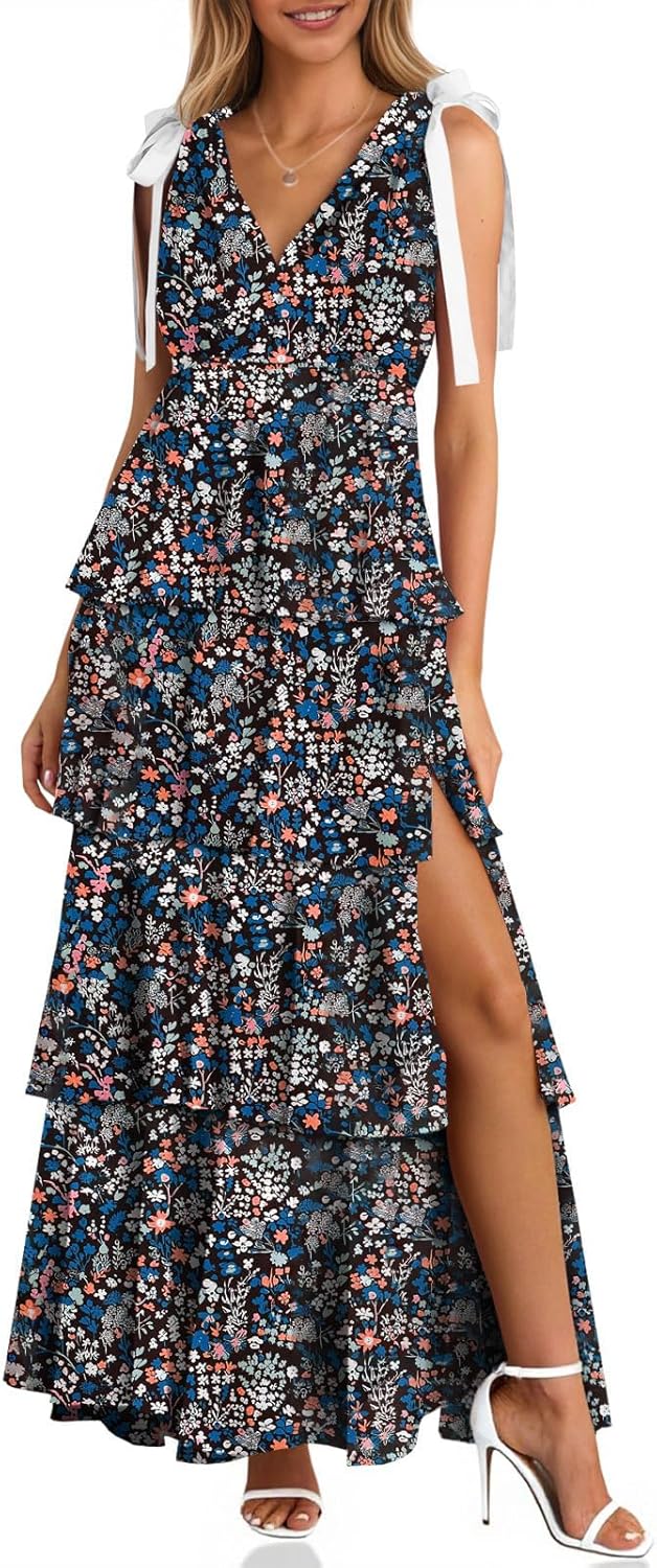 Womens Summer Floral Maxi Dress with Tie Straps and High Slit