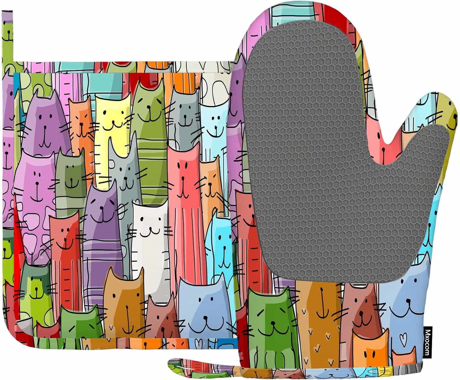 Colorful Funny Cats Family Oven Mitts Set by Mxocom