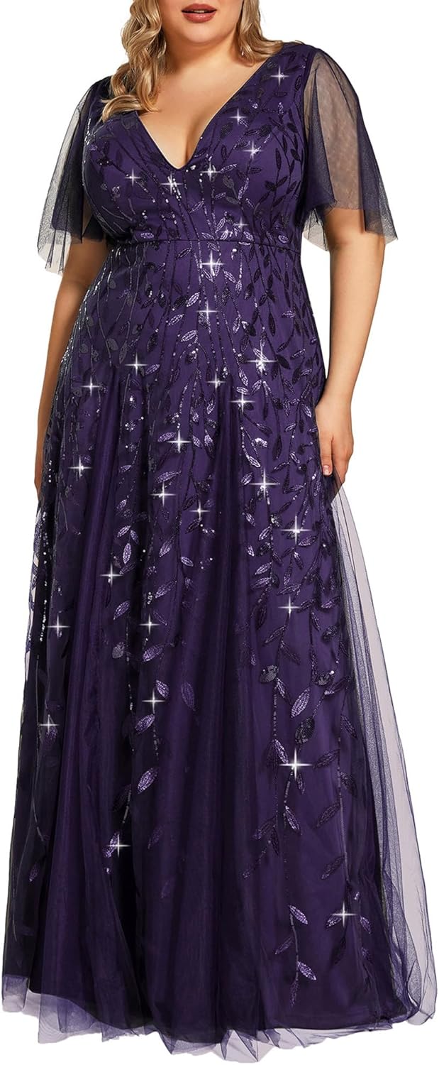 Plus Size V-Neck Sequin Embroidery Formal Evening Dress