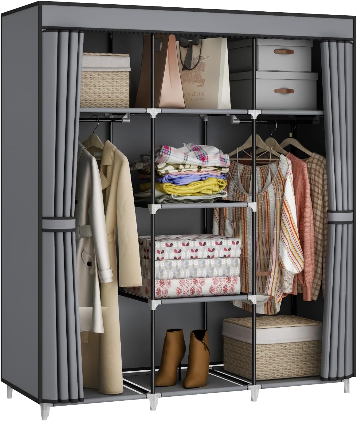Portable Closet Wardrobe with 2 Hanging Rods and 8 Shelves