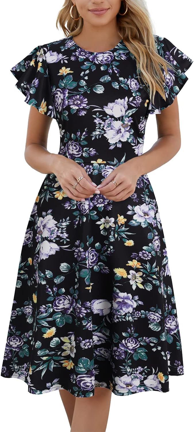 HELYO Women's Ruffle Sleeves V-Back Fit and Flare Dress