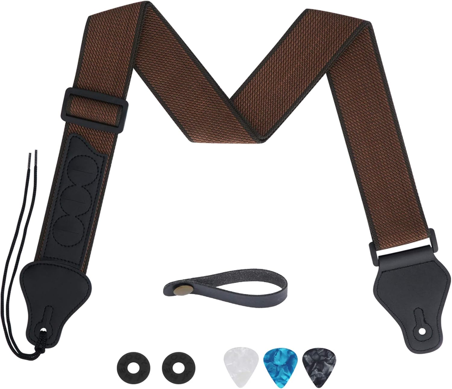 Coffee Cotton Guitar Strap Set w/ Picks & Locks