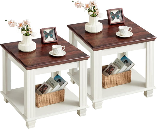 Farmhouse End Table Set of 2 with Rustic Wood and Storage