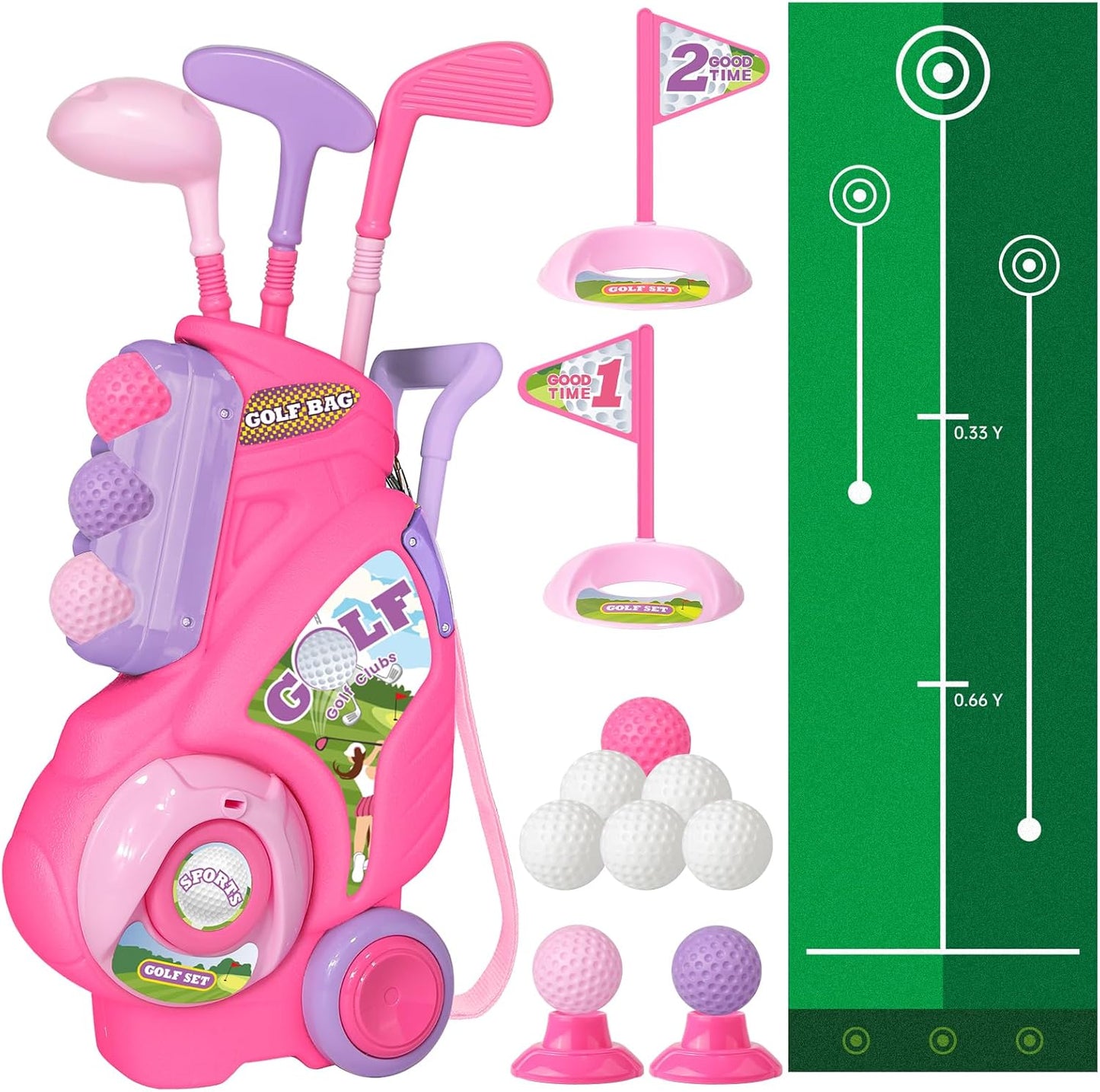 Toddler Golf Set for Kids with Cart & Putting Mat, Pink
