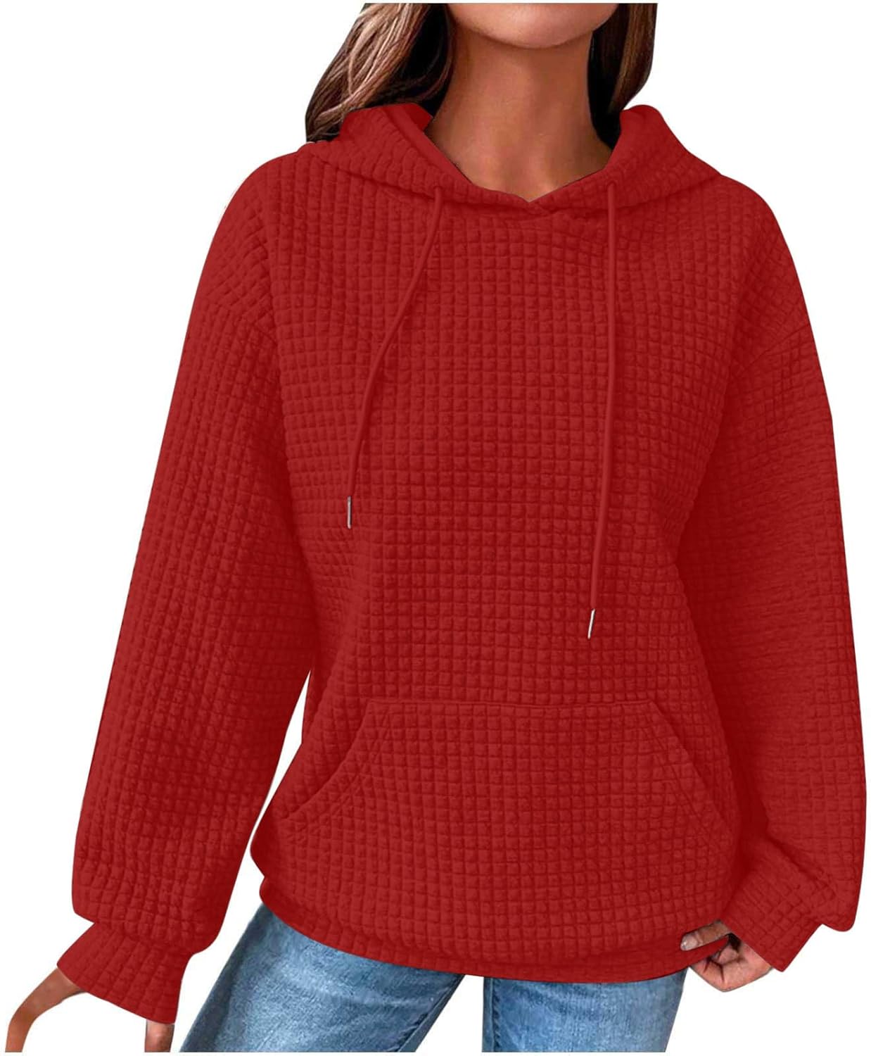 Waffle Knit Drawstring Hoodie 2024 Trend