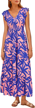 Women's Summer Flowy Maxi Dress Smocked V Neck - Lightweight