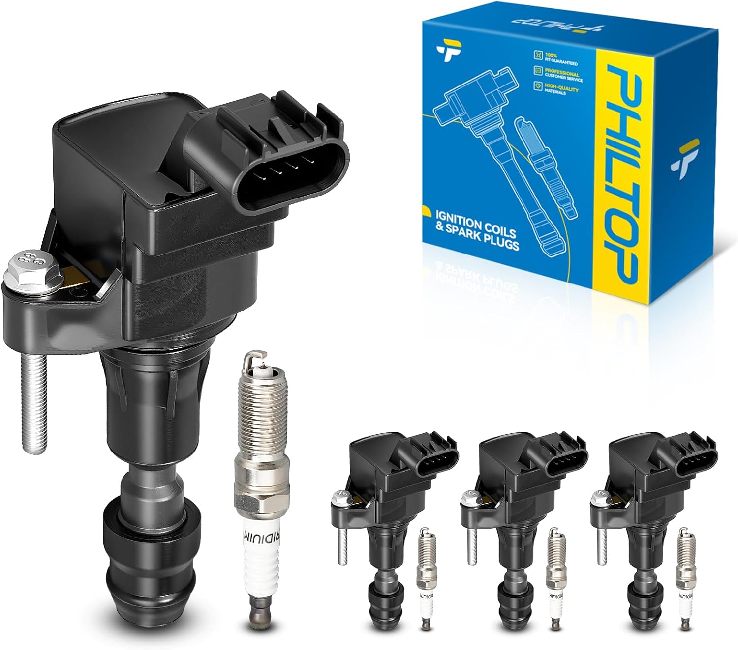 PHILTOP Set of 4 Ignition Coil Pack and Iridium Spark Plugs