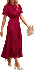 Womens Summer Midi Dress with Puff Sleeves - Flowy Swiss Dot