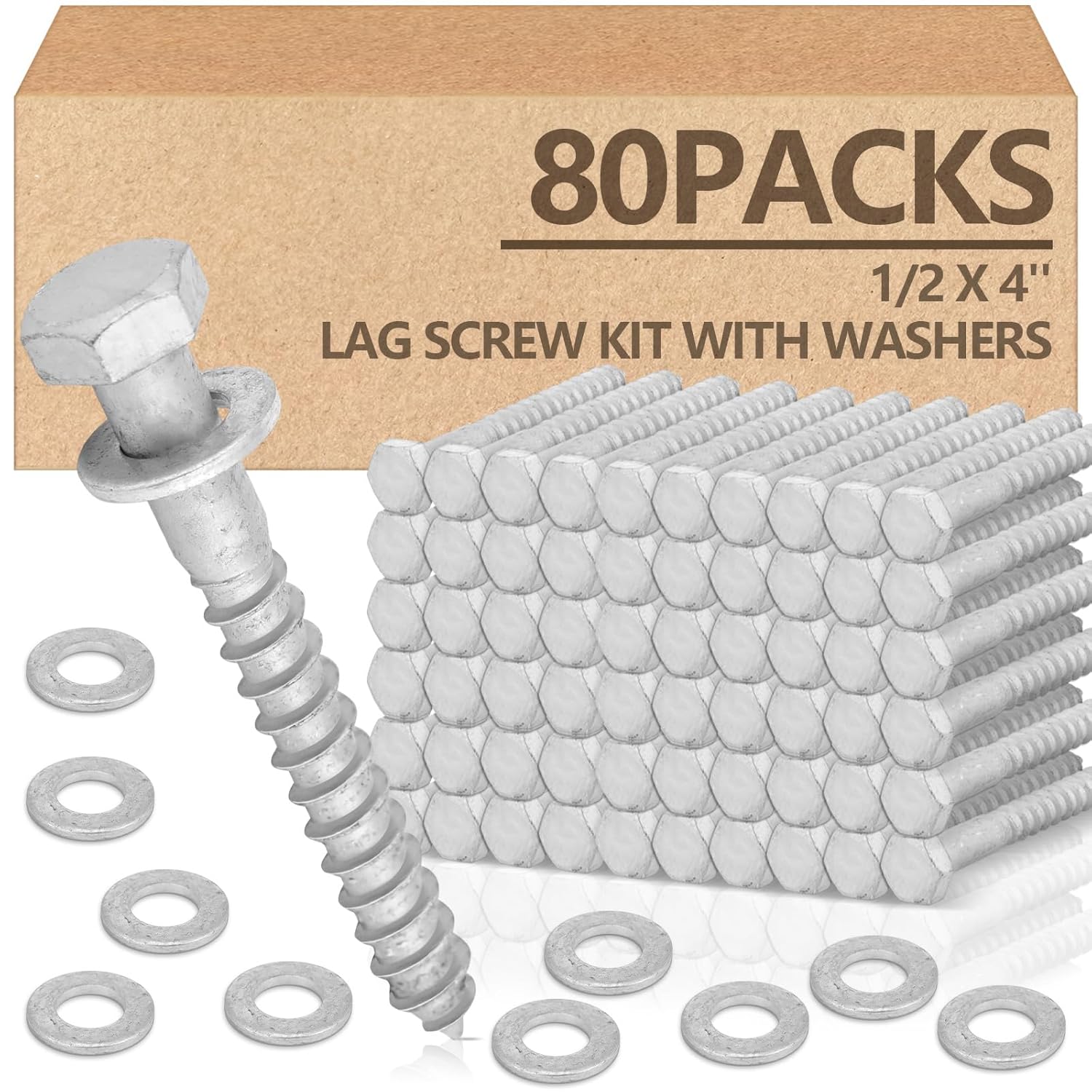 Tandefio 80 Pack 1/2 x 4ft' Lag Screw Kit for Heavy Duty Projects