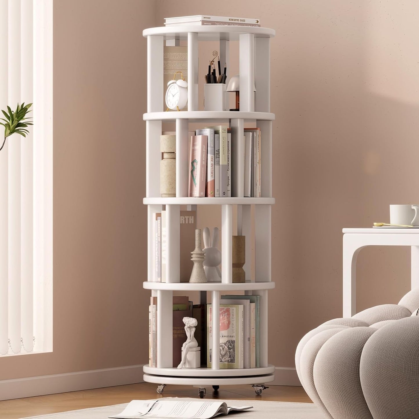 Solid Wood Rotating Bookshelf on Wheels for Small Spaces