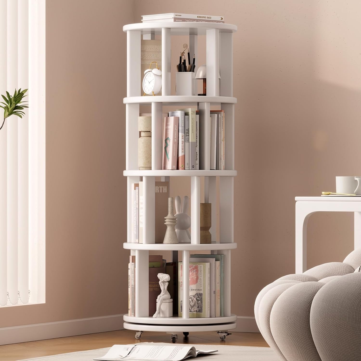 Solid Wood Rotating Bookshelf on Wheels for Small Spaces
