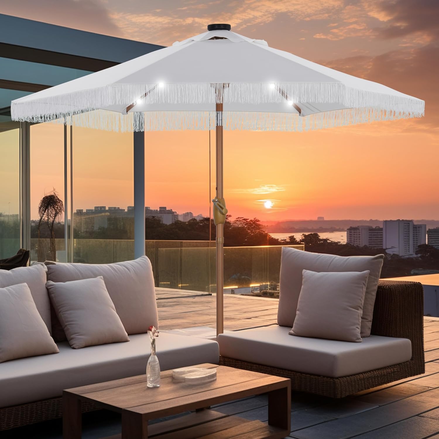 GDY 7.5ft Patio Umbrella with LED Lights and Tilt Feature