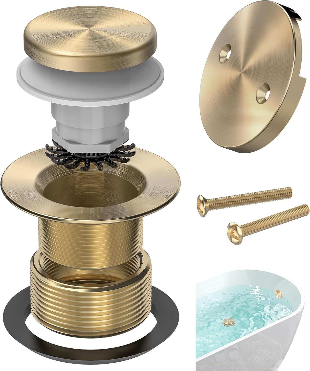 Brushed Gold Tub Drain Kit with Hair Catcher for Easy Install