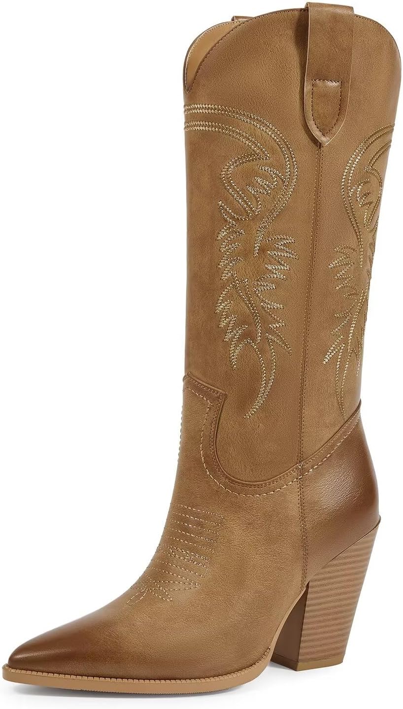 ISNOM Cowboy Boots for Women - Stylish Pointed Toe Chunky Heel