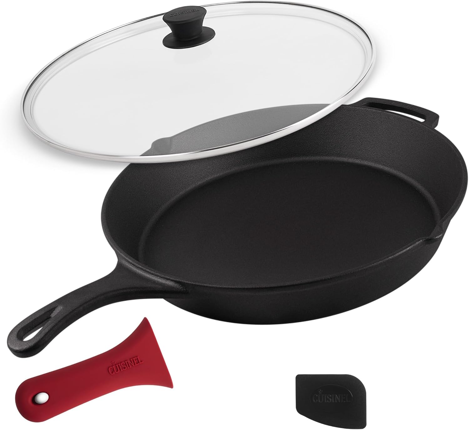 Cuisinel 15in Cast Iron Skillet with Glass Lid and Accessories