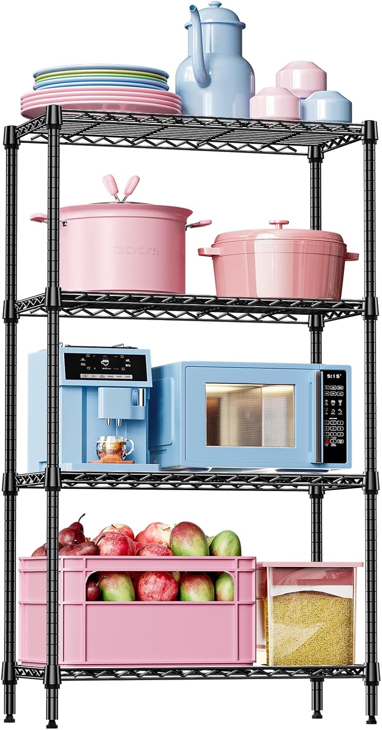 IZEUK 4 Tier Black Metal Storage Shelves for Home Organization