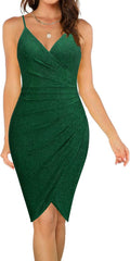 OWIN Women's 2025 V Neck Spaghetti Strap Ruched Bodycon Dress