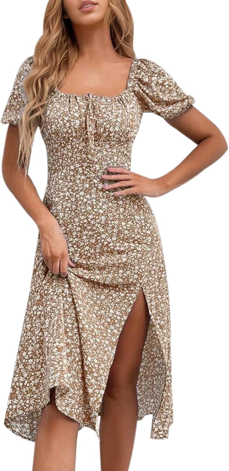 Floral Summer Casual Dress with Puff Sleeves and Split Design