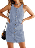 Womens Sleeveless Denim Overalls Mini Dress - Button Down Summer Style