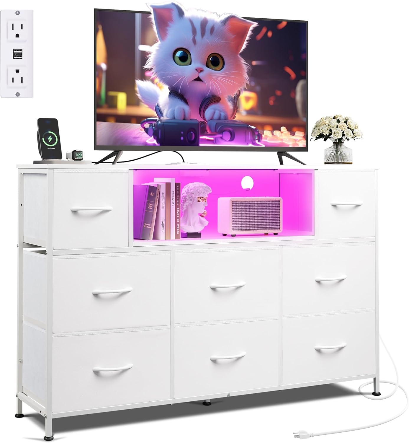 WLIVE White TV Stand for 45 to 55 inch TVs with LED Lights