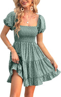Veatzaer Puff Sleeve Smocked Babydoll Dress - Flattering (Style J8YN)