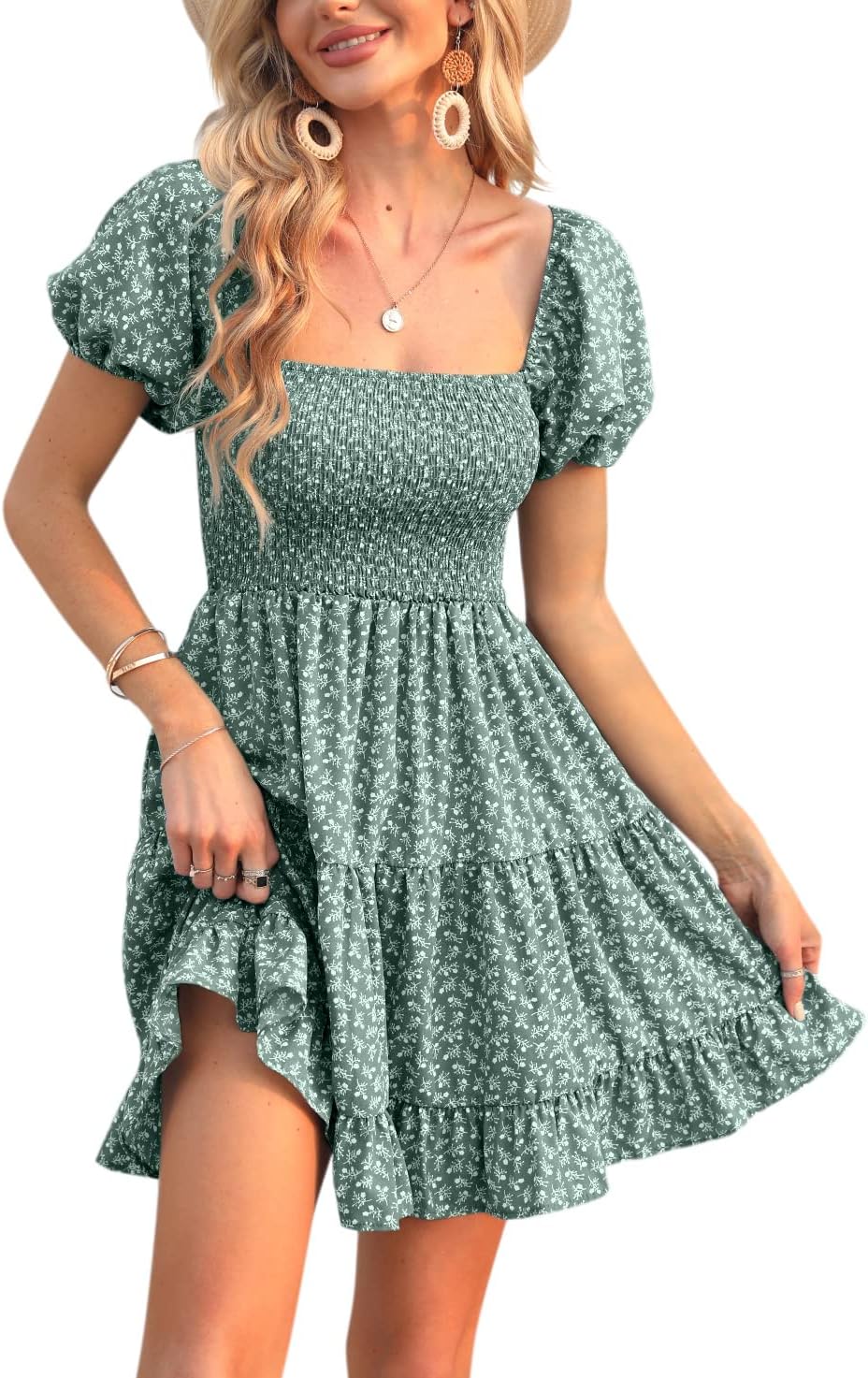 Stylish Puff Sleeve Square Neck Smocked Babydoll Dress for Women