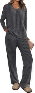 2 Piece Lounge Set for Women - Soft Ribbed Knit Fall Pajama Set