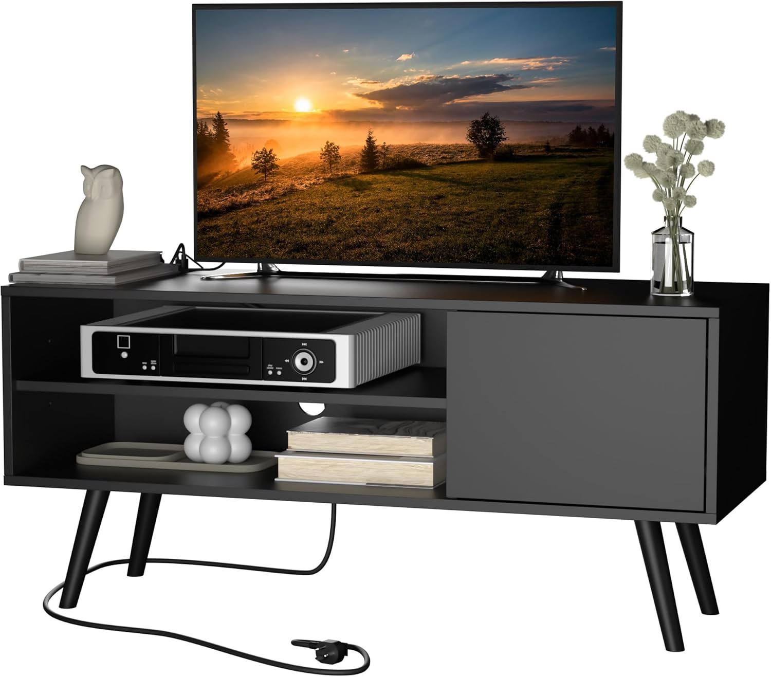 Mid Century Black TV Stand with Storage