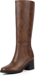 Brown Knee High Boots for Women 2.56ft Chunky Heel - Dress & Daily