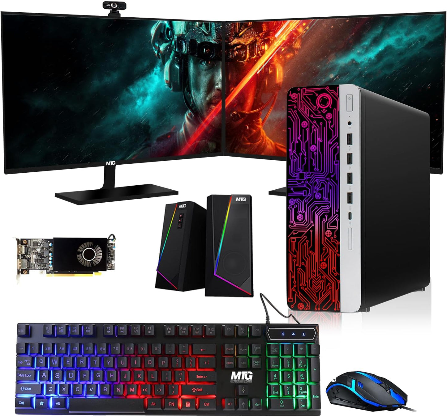 HP G3 Gaming Desktop PC with Dual 27 inch Monitor and RGB Gear