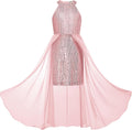 Girls Halter Neck Sequin Dress 6-14Y - Layered Chiffon & Sequin Party