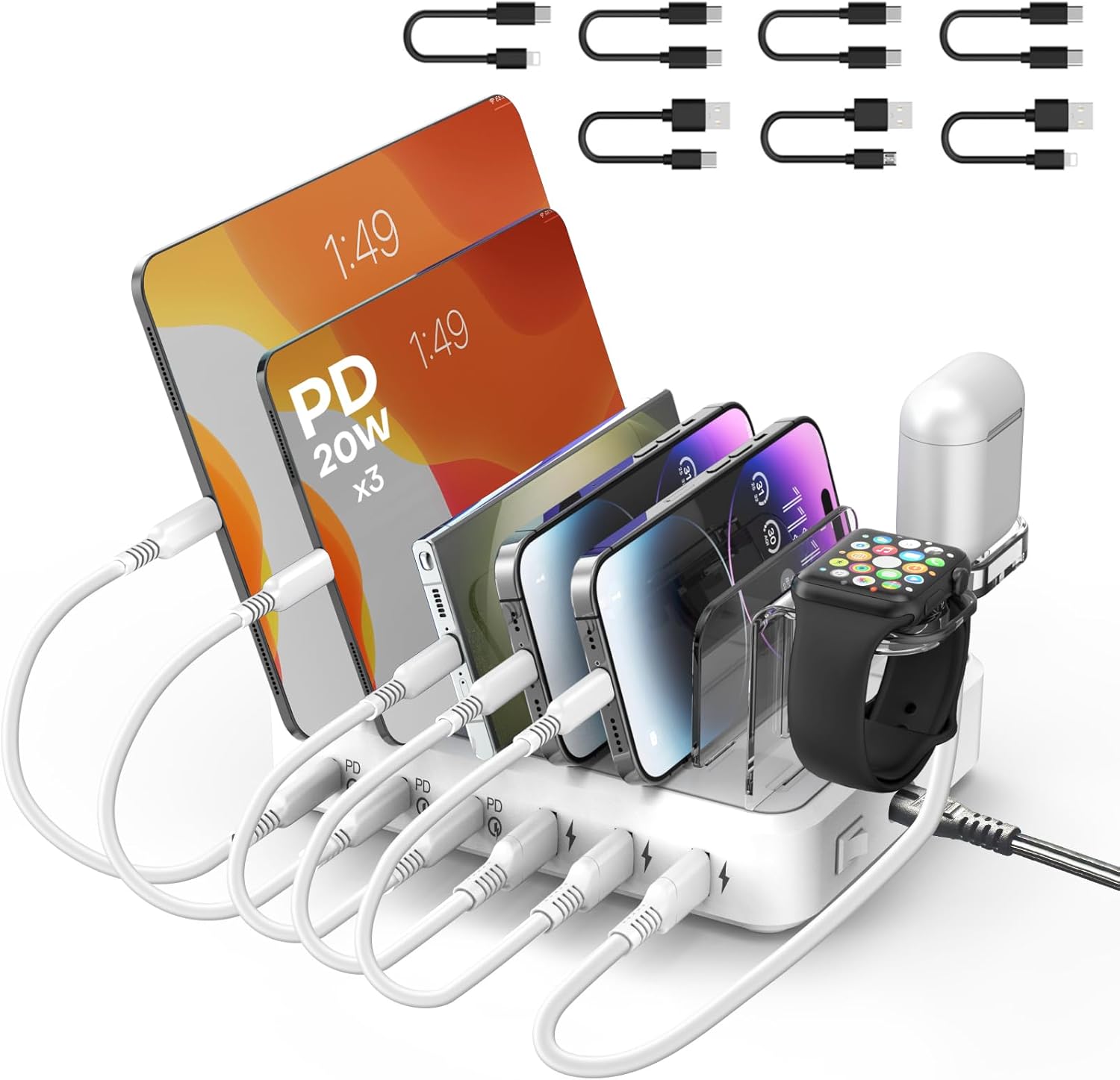 75W 6 Port Multi USB C Fast Charger Station for Multiple Devices