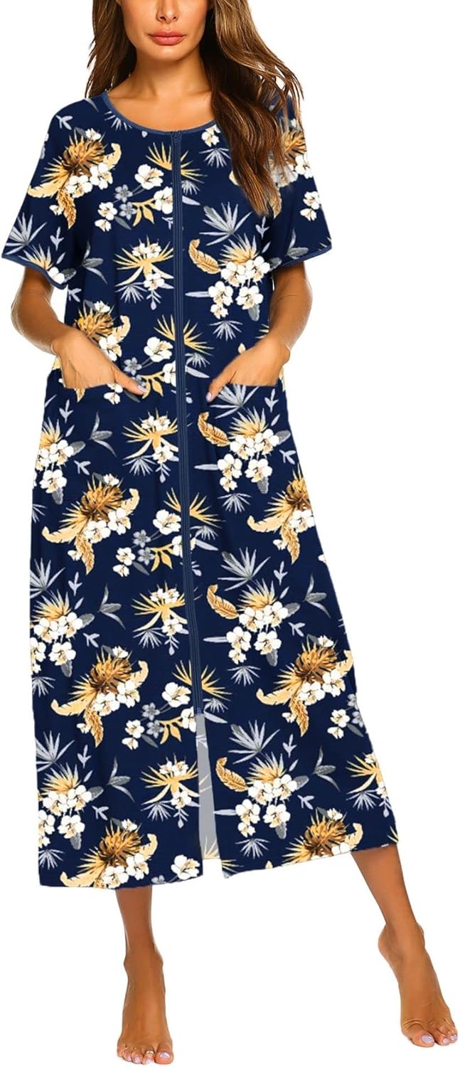 Ekouaer Women Robes Zipper Front Short Sleeve Full Length Housecoat