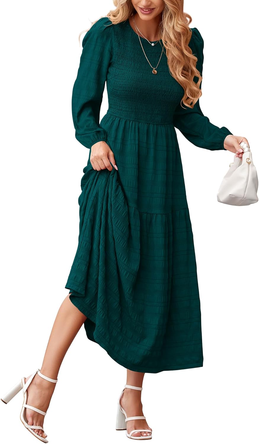 Dowerme Women's Puff Long Sleeve A-Line Maxi Dress for Fall