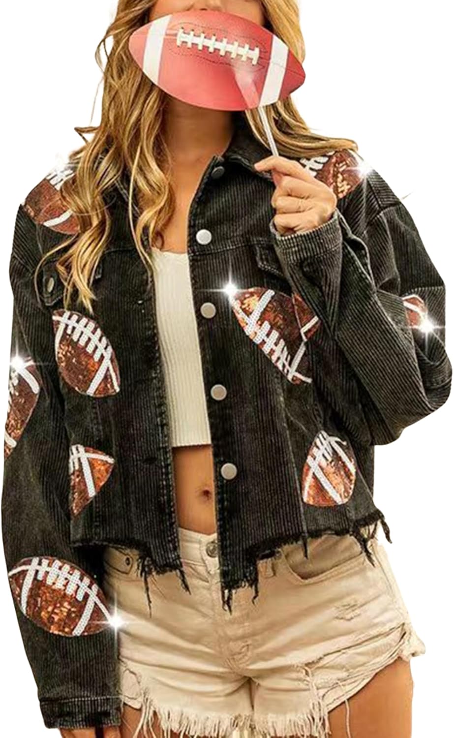SeekMe Women's Cropped Corduroy Jacket with Sequin Patches