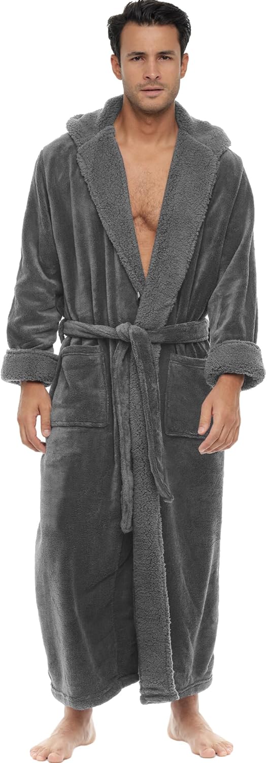 Plush Mens Robe with Hood - Thick and Warm Sherpa Fleece