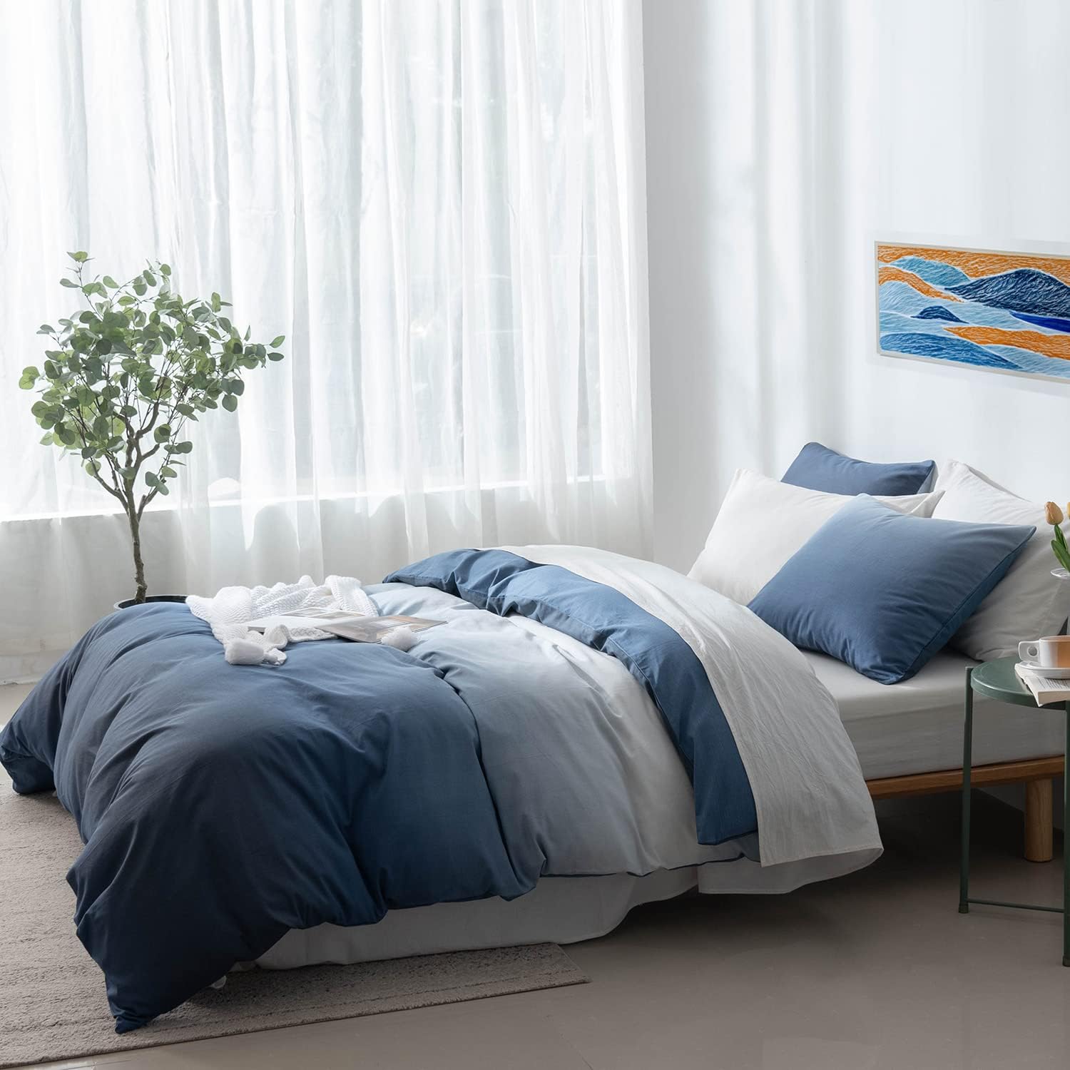 100% Cotton Twin Duvet Cover Set - Reversible Ocean Blue Design