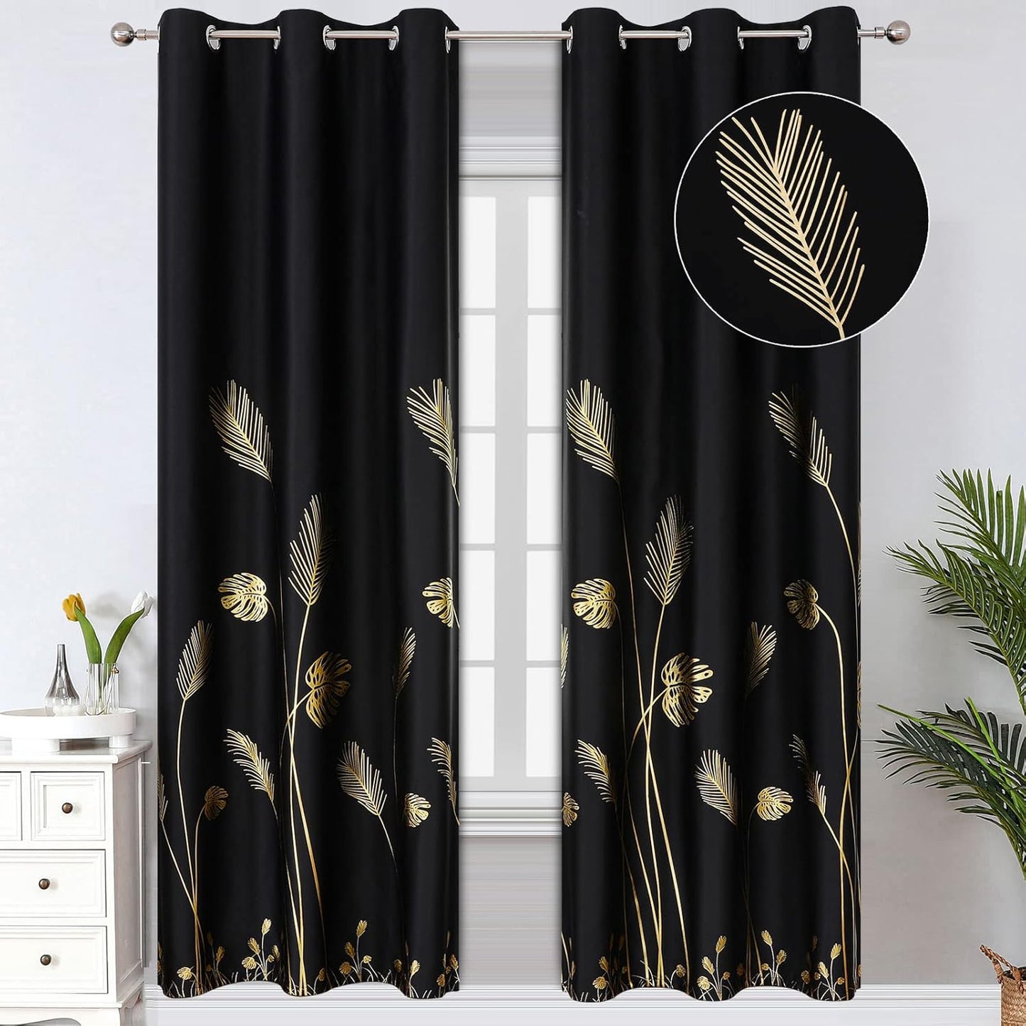 Estelar Textiler Blackout Curtains with Gold Print for Bedrooms