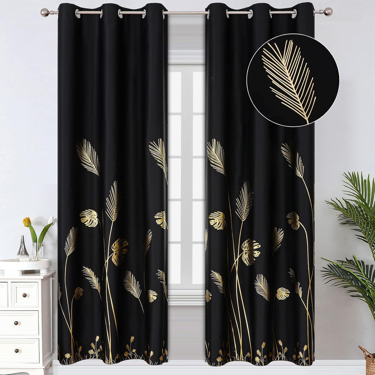 Estelar Textiler Blackout Curtains with Gold Print for Bedrooms